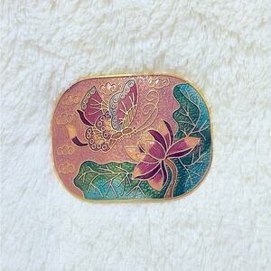 Vintage Butterfly & Flower Cloisonné Belt Buckle, Gold Tone, Enamel, Scarf